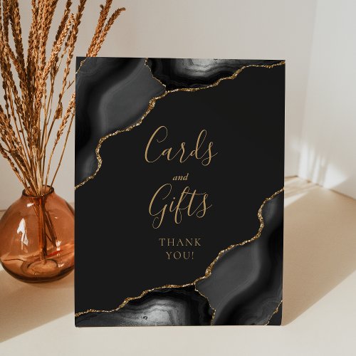 Agate Black Gold Dark Wedding Cards and Gifts Pedestal Sign