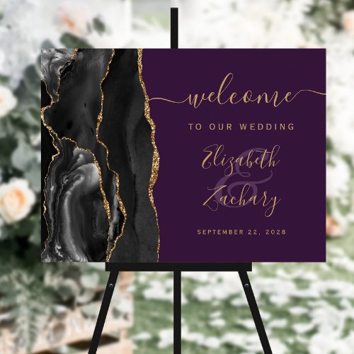 Agate Black Gold Deep Purple Wedding Welcome Foam Board