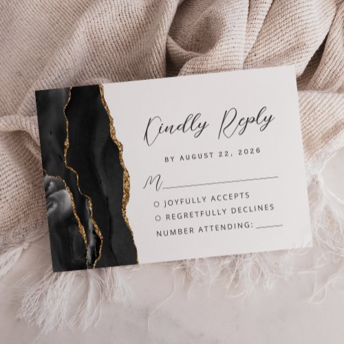 Agate Black Gold Modern Script Wedding RSVP Card