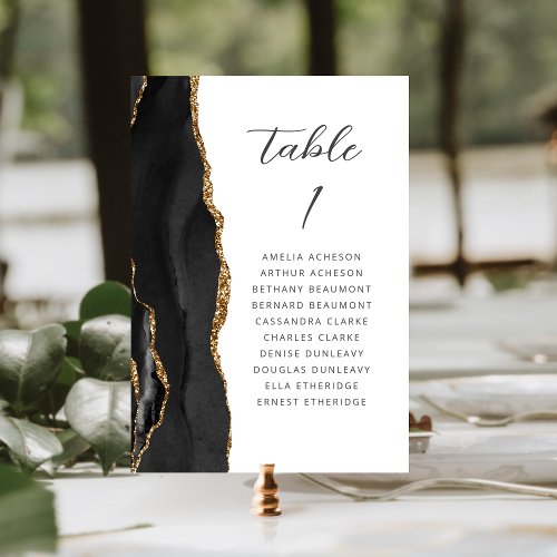 Agate Black Gold Modern Script Wedding Table Number