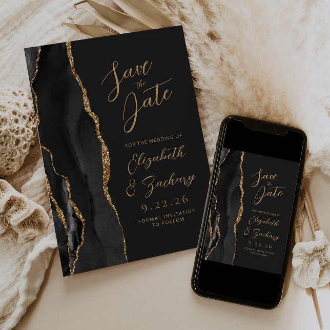 Agate Black Gold Script Dark Wedding Save The Date (Creator Uploaded)
