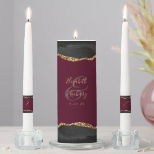 Agate Black Gold Script Dark Wedding Unity Candle Set
