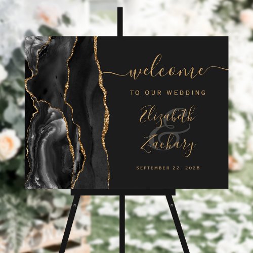 Agate Black Gold Script Dark Wedding Welcome Sign