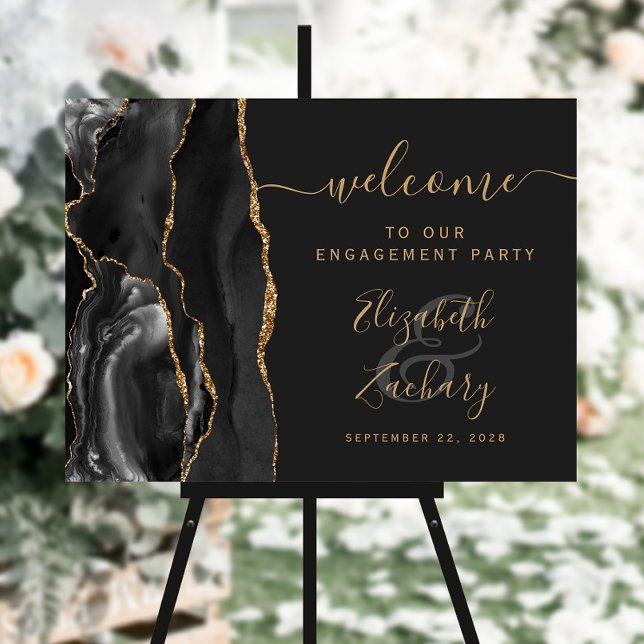 Agate Black Gold Script Engagement Party Welcome Foam Board (Creator Uploaded)
