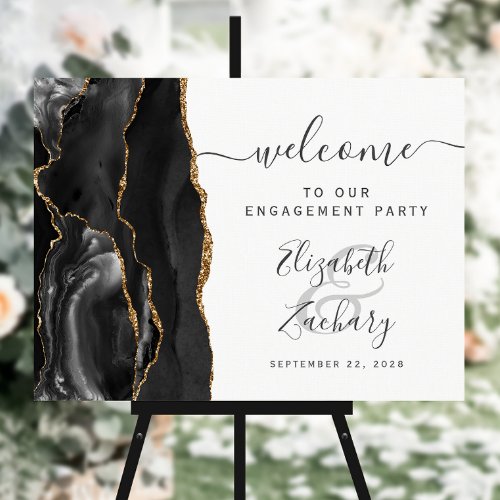 Agate Black Gold Script Engagement Party Welcome Foam Board