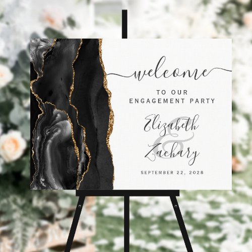 Agate Black Gold Script Engagement Party Welcome Foam Board