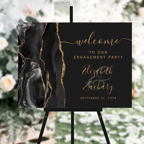 Agate Black Gold Script Engagement Party Welcome Foam Board