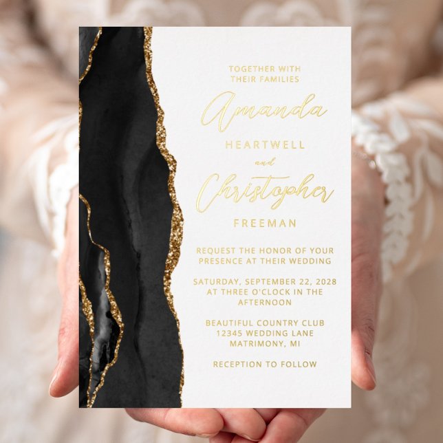 Agate Black Gold Script Wedding Foil Invitation (Creator Uploaded)