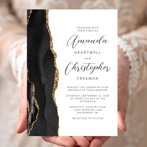 Agate Black Gold Script Wedding Invitation