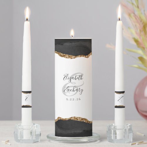 Agate Black Gold Script Wedding Unity Candle Set