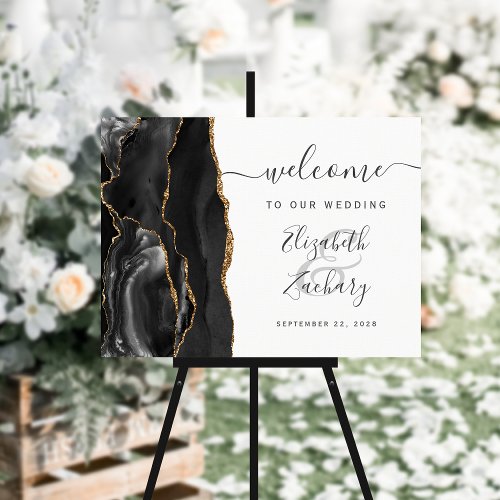 Agate Black Gold Script Wedding Welcome Sign