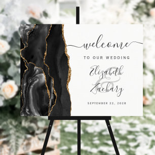 Agate Black Gold Script Wedding Welcome Sign