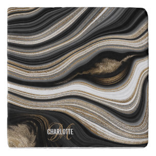 Agate Black gold white monogram name Trivet