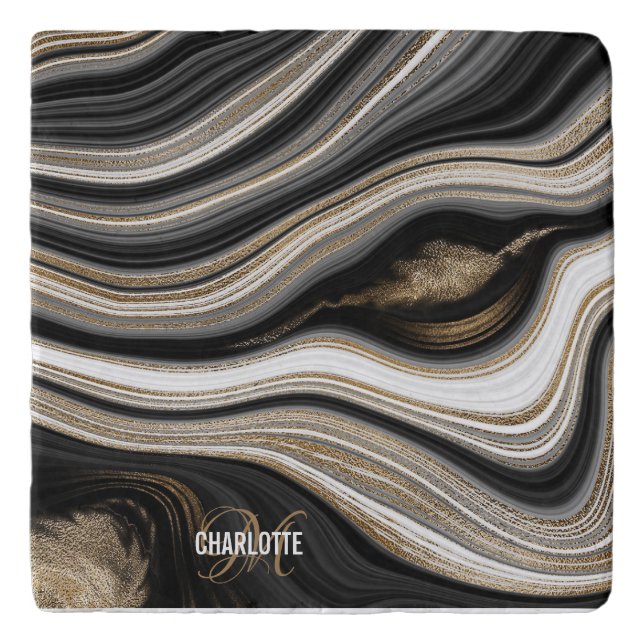 Agate Black gold white monogram name Trivet (Front)