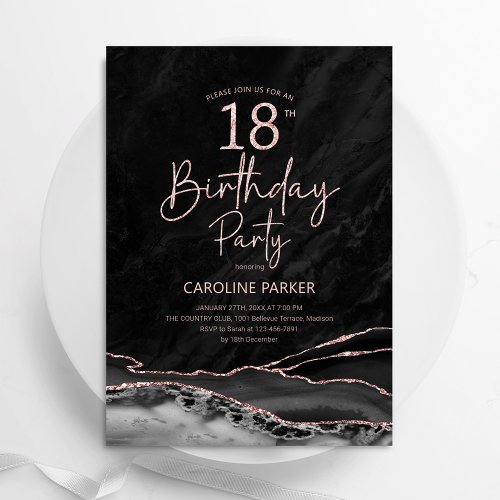 Agate Black Rose Gold 18th Birthday Invitation