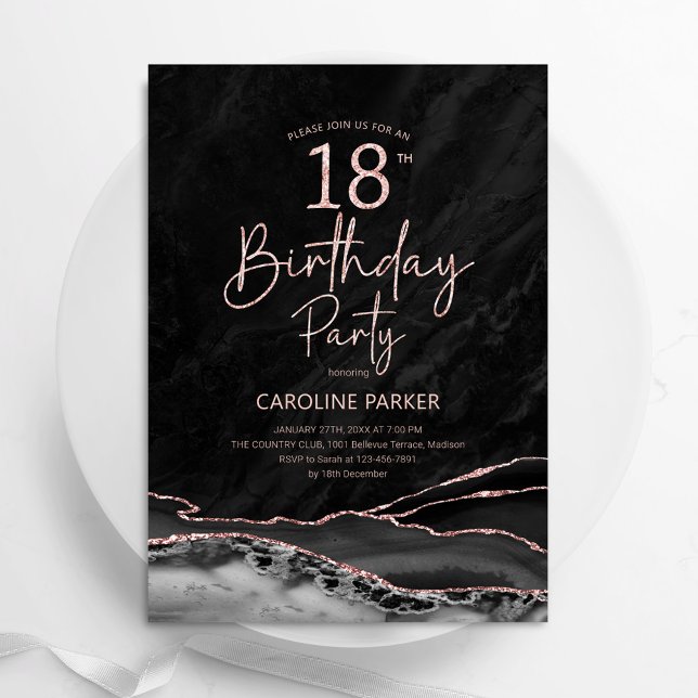 Agate Black Rose Gold 18th Birthday Invitation (Creator Uploaded)