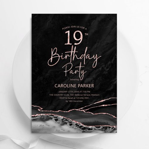 Agate Black Rose Gold 19th Birthday Invitation