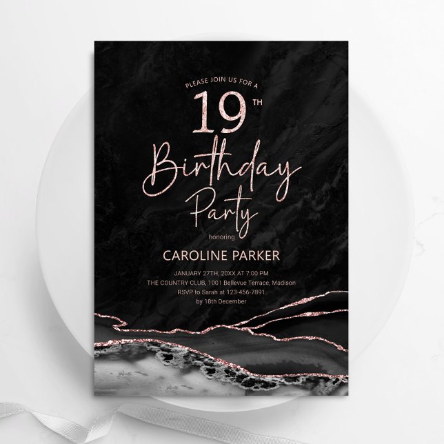 Agate Black Rose Gold 19th Birthday Invitation (Creator Uploaded)