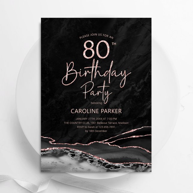 Agate Black Rose Gold 80th Birthday Invitation (Creator Uploaded)