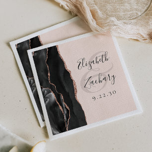 Agate Black Rose Gold Blush Pink Script Wedding  Napkins