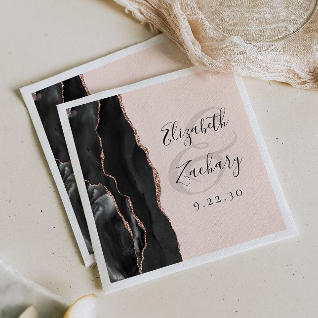 Agate Black Rose Gold Blush Pink Script Wedding  Napkins (Creator Uploaded)