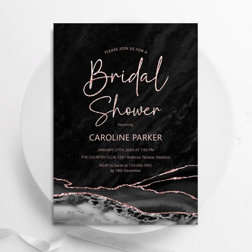 Agate Black Rose Gold Bridal Shower Invitation