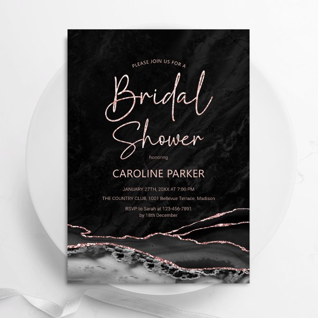 Agate Black Rose Gold Bridal Shower Invitation (Creator Uploaded)