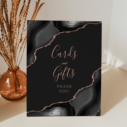 Agate Black Rose Gold Dark Wedding Cards and Gifts Pedestal Sign