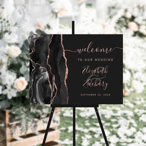 Agate Black Rose Gold Dark Wedding Welcome Sign
