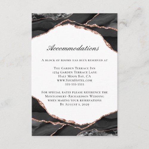 Agate Black Rose Gold Foil Wedding Accommodations Enclosure Card