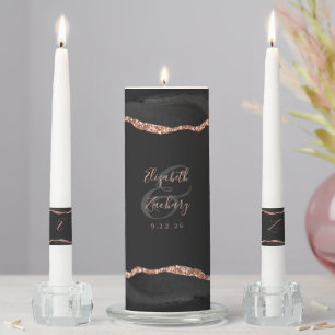 Agate Black Rose Gold Script Dark Wedding Unity Candle Set