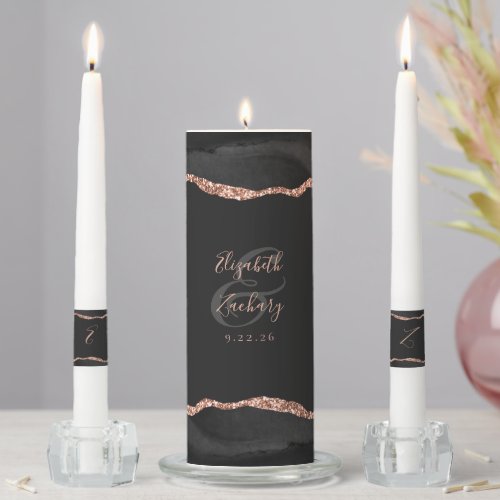 Agate Black Rose Gold Script Dark Wedding Unity Candle Set