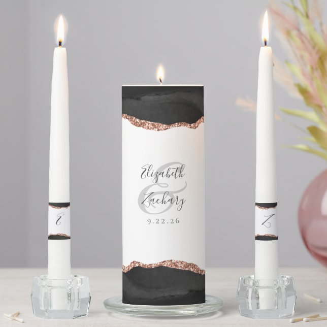 Agate Black Rose Gold Script Wedding Unity Candle Set (In Situ)