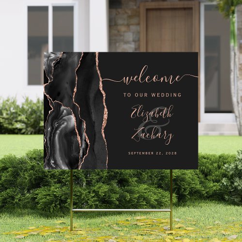 Agate Black Rose Gold Script Wedding Welcome Sign