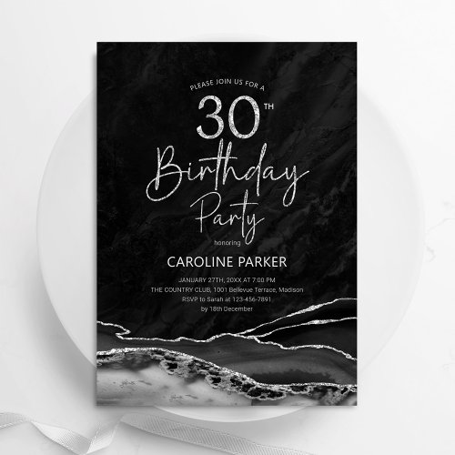 Agate Black Silver 30th Birthday Invitation