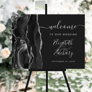 Agate Black Silver Dark Wedding Welcome Sign