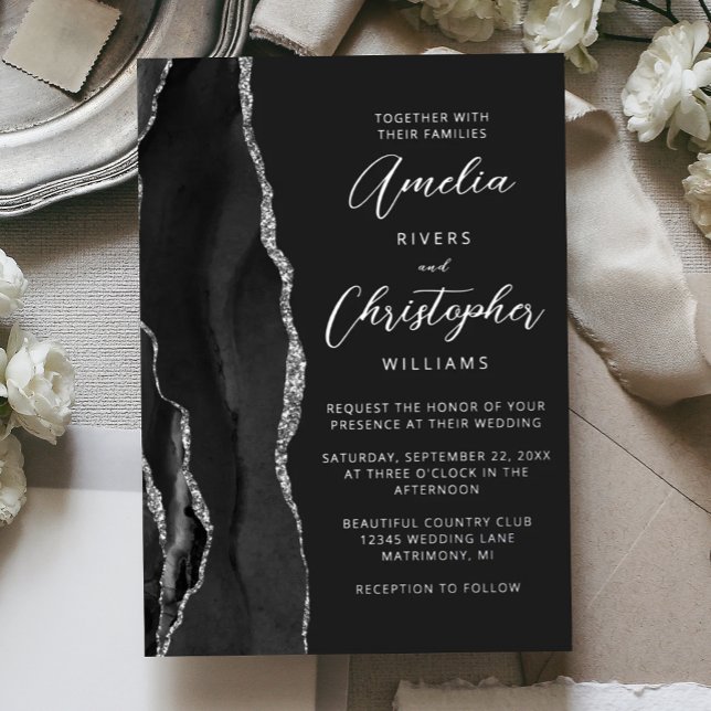 Agate Black Silver Script Dark Wedding Foil Invitation (Creator Uploaded)