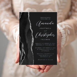 Agate Black Silver Script Dark Wedding Foil Invitation