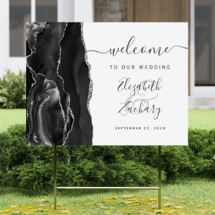 Agate Black Silver Script Wedding Welcome Sign