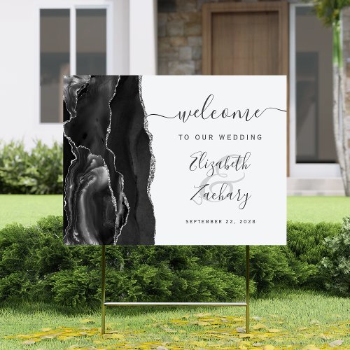 Agate Black Silver Script Wedding Welcome Sign