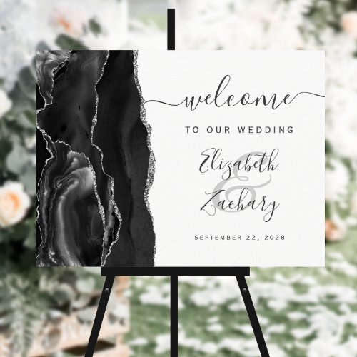 Agate Black Silver Script Wedding Welcome Sign