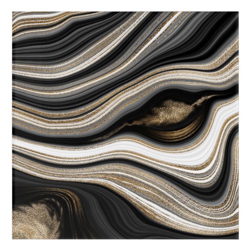 Agate black white and gold fluid marble abstract acrylic print