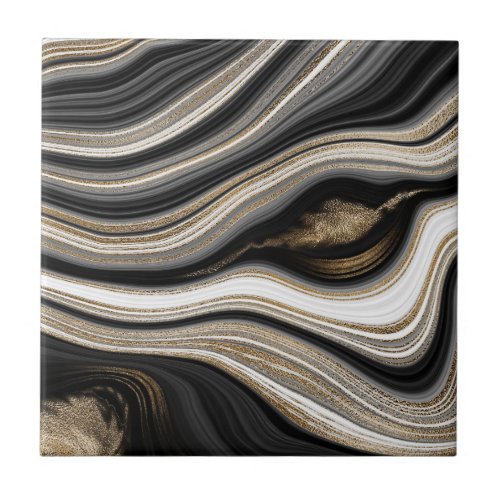 Agate Black white and gold fluid marble modern Ceramic Tile