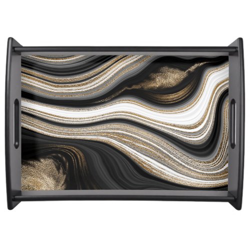 Agate Black white and gold fluid marble modern Ser Serving Tray