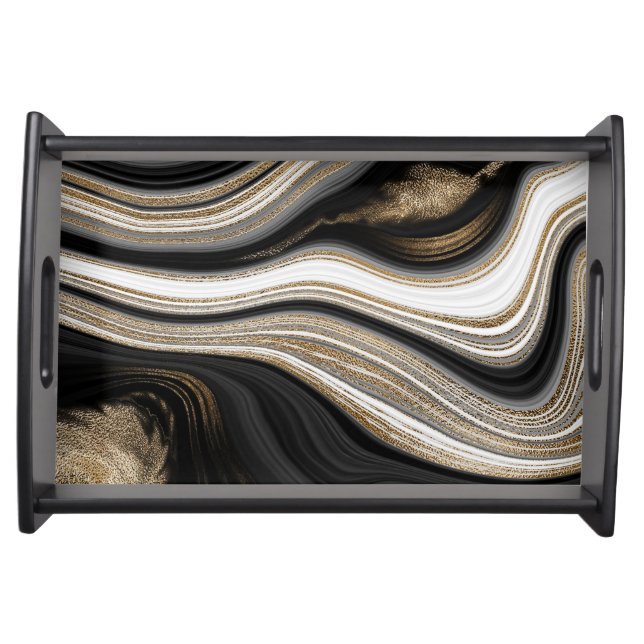 Agate Black white and gold fluid marble modern Serving Tray (Front)