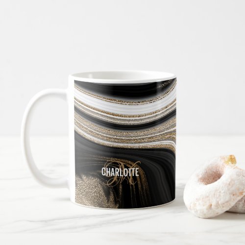 Agate Black white and gold fluid monogram name Coffee Mug