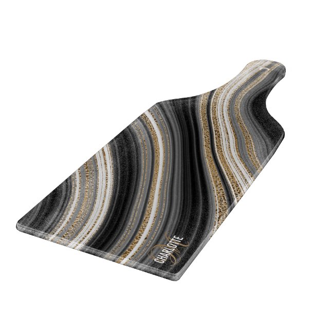 Agate Black white and gold fluid monogram name Cutting Board (Corner)