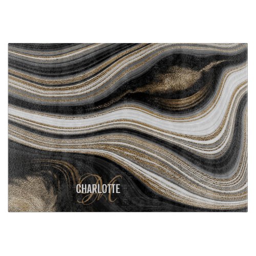 Agate Black white and gold fluid monogram name Cutting Board
