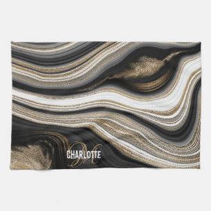 Agate Black white and gold fluid monogram name Kitchen Towel