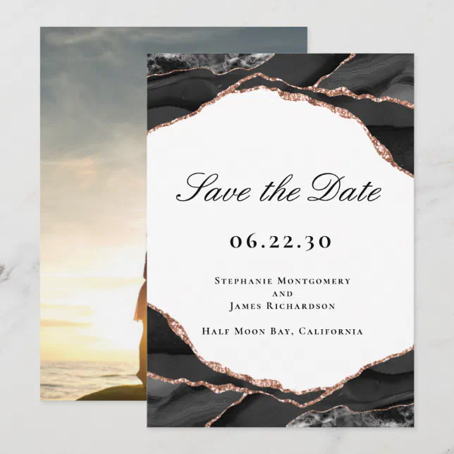 Agate Black White Rose Gold Foil Wedding Photo Save The Date | Zazzle